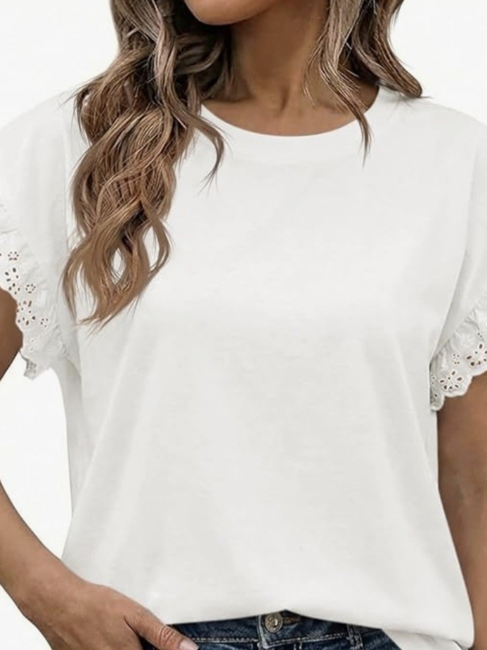 Women’s White Eyelet Sleeve Tee - Casual Crewneck Top